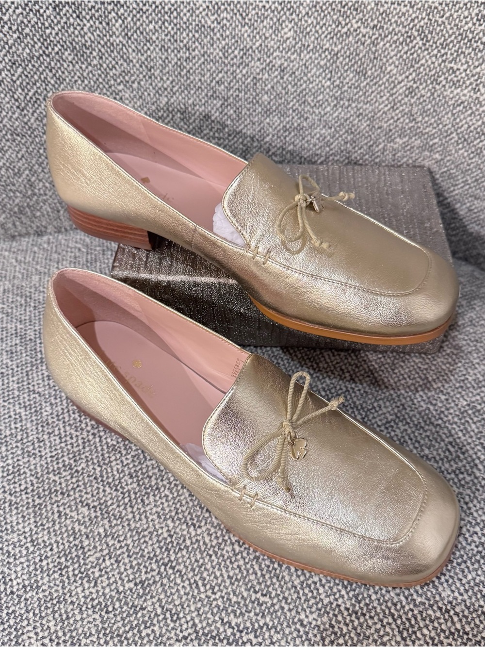 kate spade Metallic Gold Leather Loafers with Bow Accent
